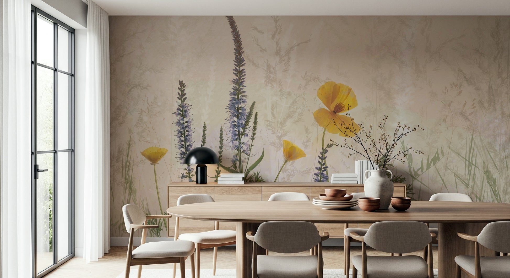A peaceful open meadow mural on decorative wallpaper.