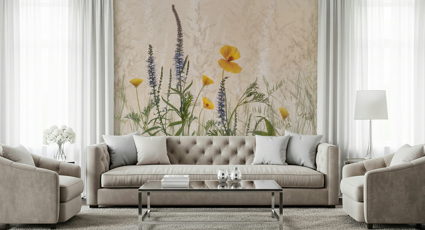 A contemplative floral pattern wallpaper mural for a feature wall.