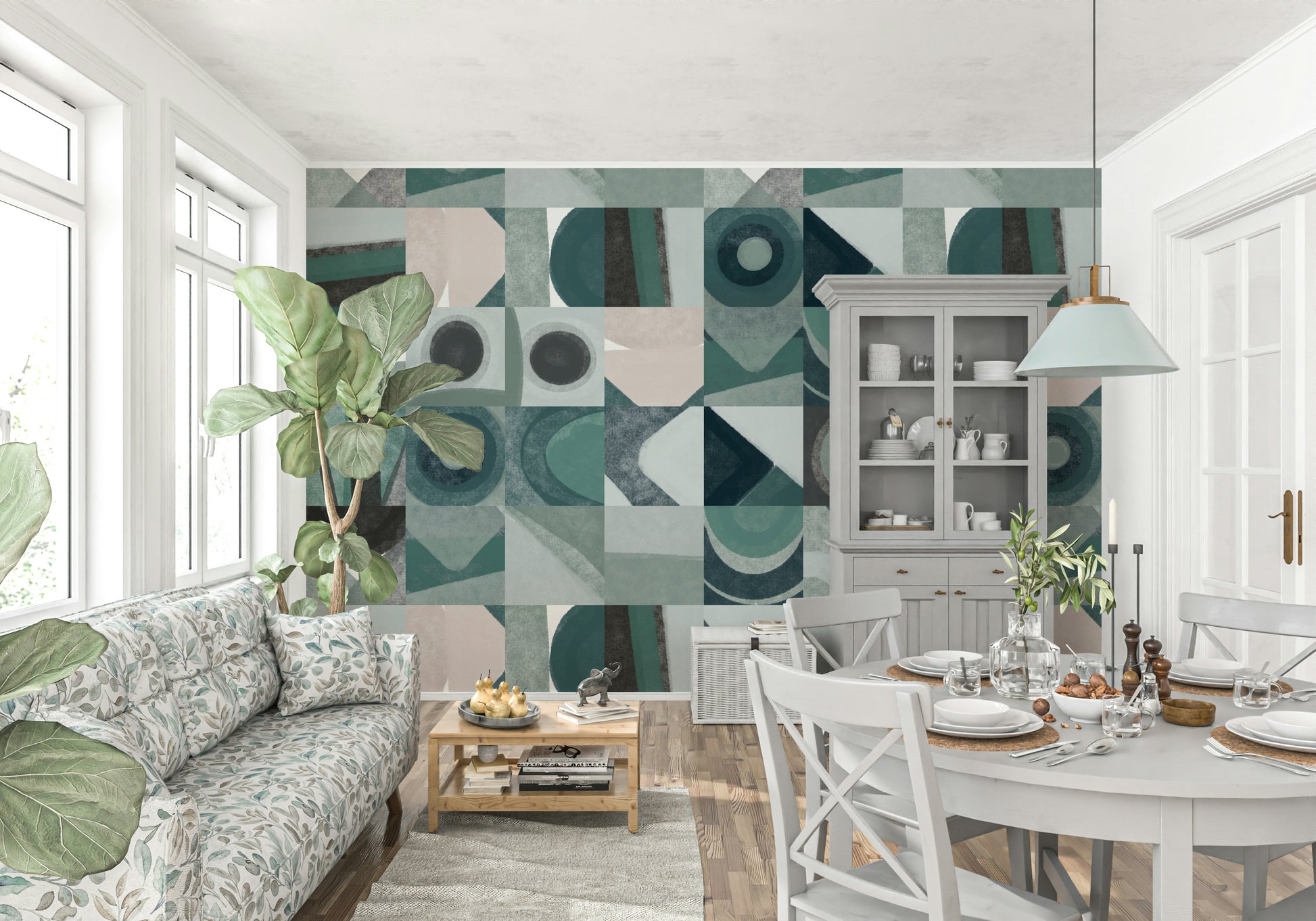 An artistic abstract block mural on minimalist wallpaper.