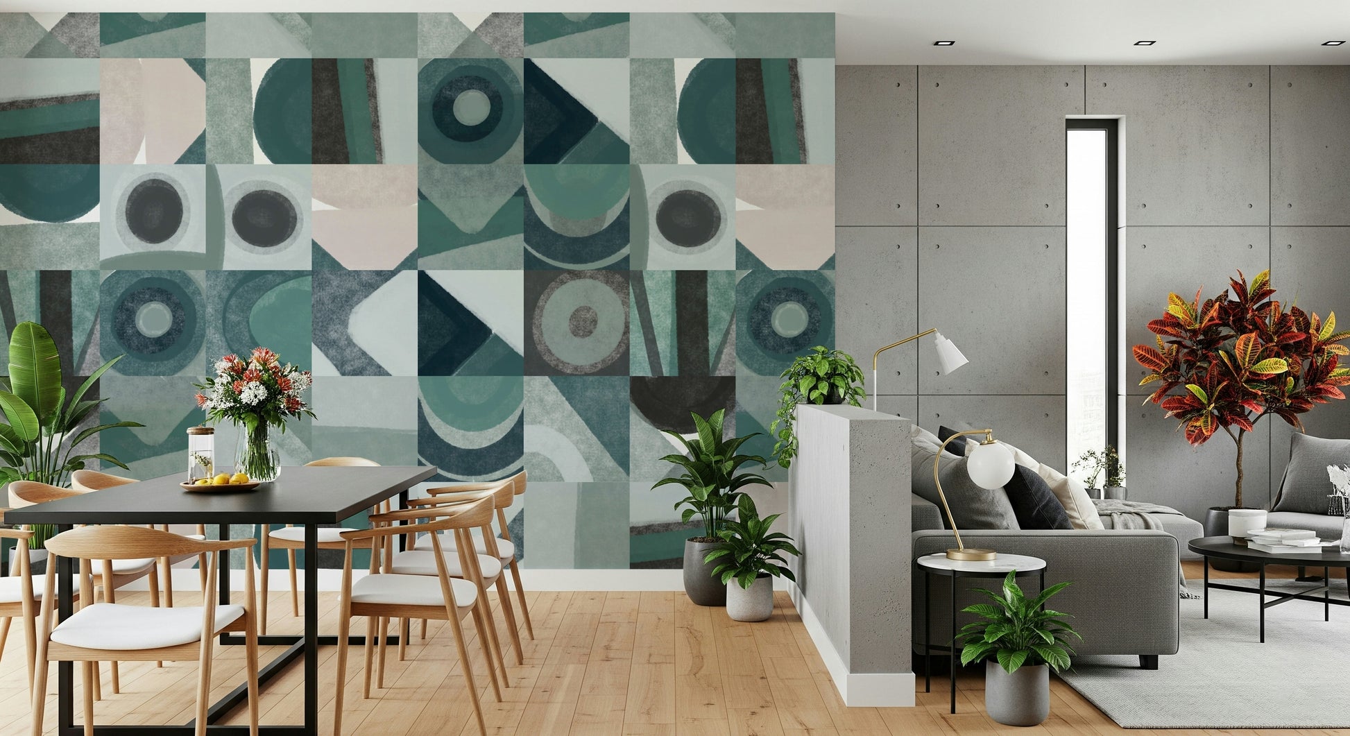 A beautiful modern art wall mural for a living room.