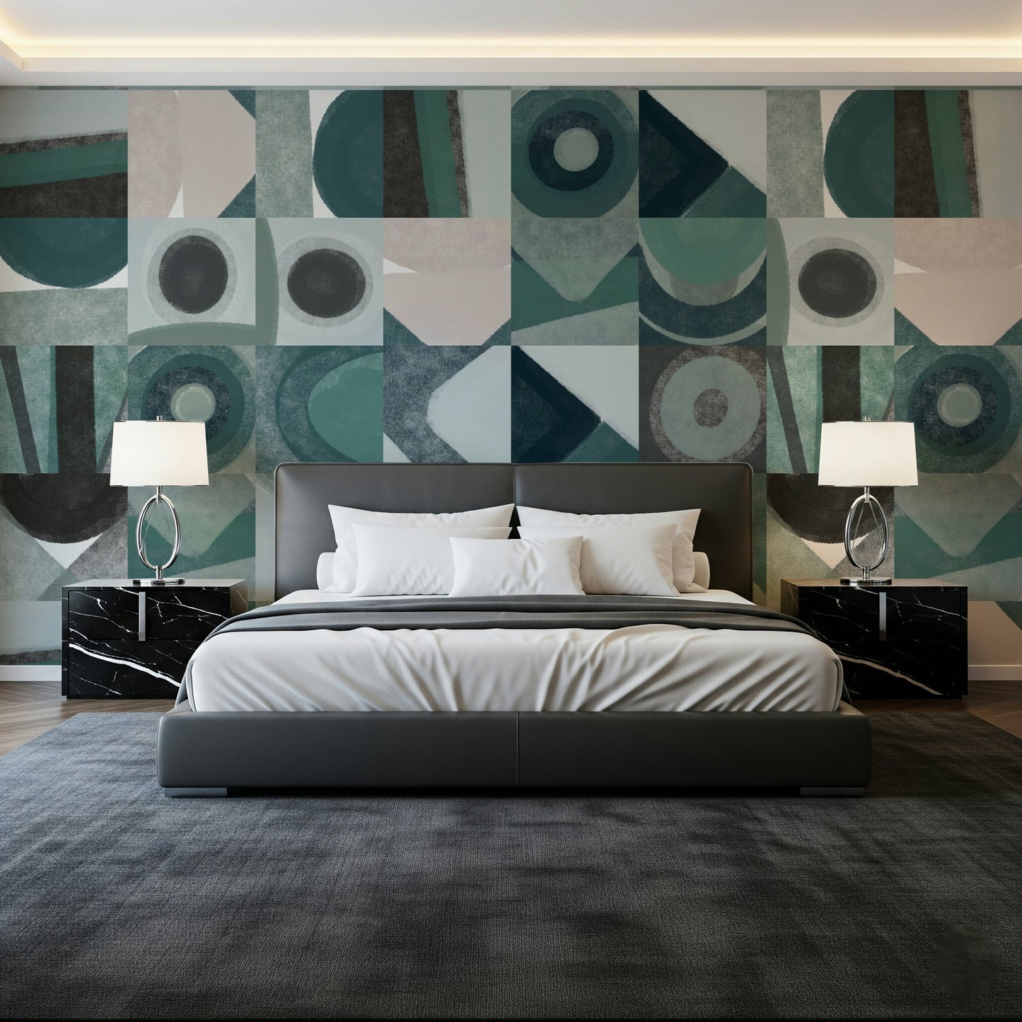 A peaceful geometric abstract mural on decorative wallpaper.