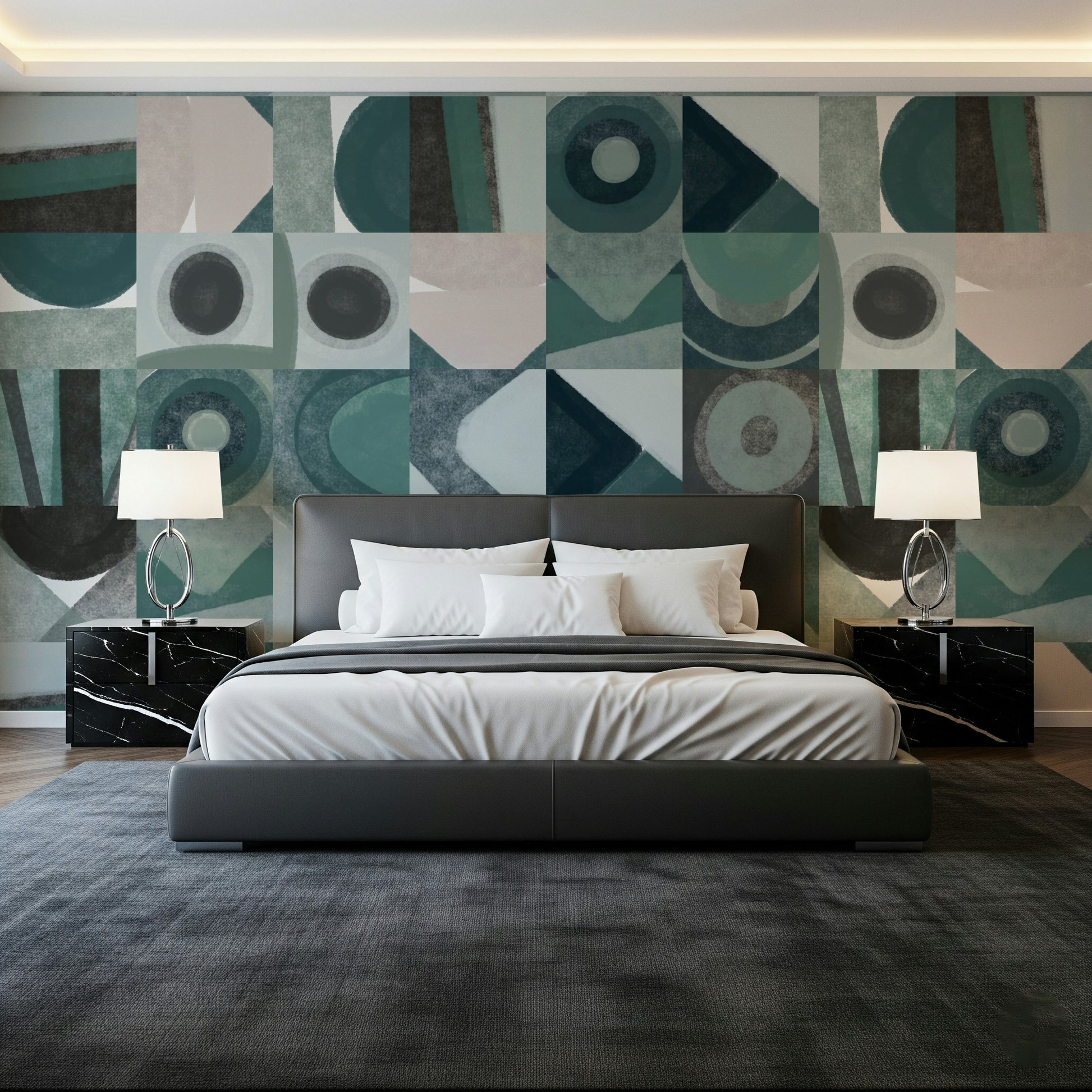 A peaceful geometric abstract mural on decorative wallpaper.
