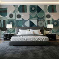 A peaceful geometric abstract mural on decorative wallpaper.