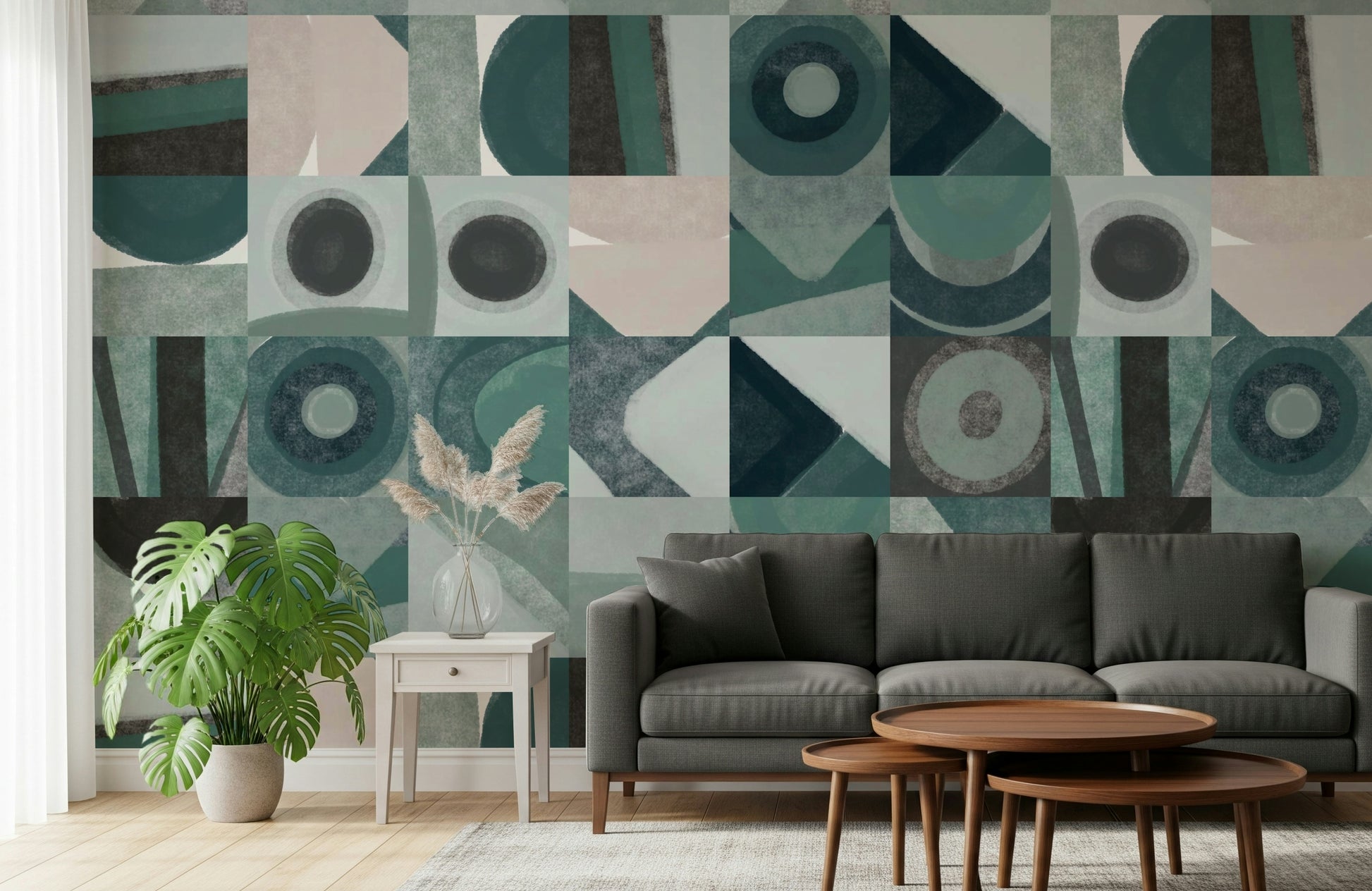 A graceful subtle geometric wall mural in cool, natural tones.