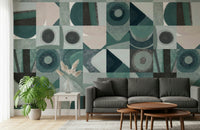 A graceful subtle geometric wall mural in cool, natural tones.