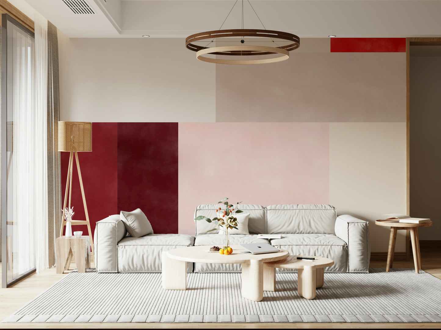 An artistic modern pattern mural on minimalist wallpaper.