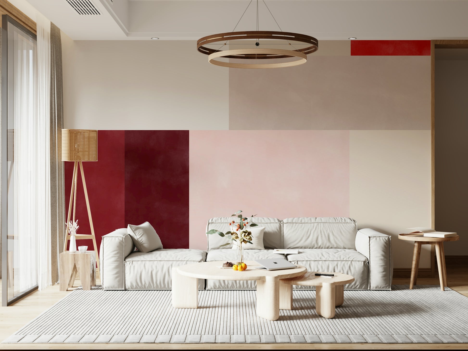 An artistic modern pattern mural on minimalist wallpaper.