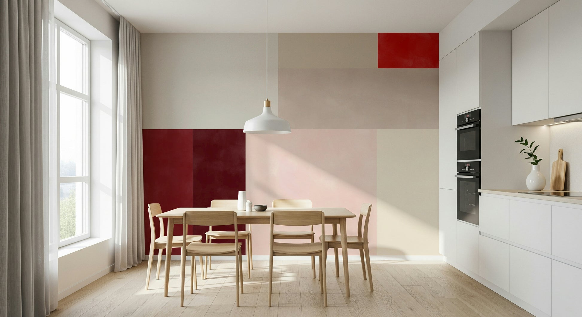 A contemplative geometric design wallpaper mural for a feature wall.