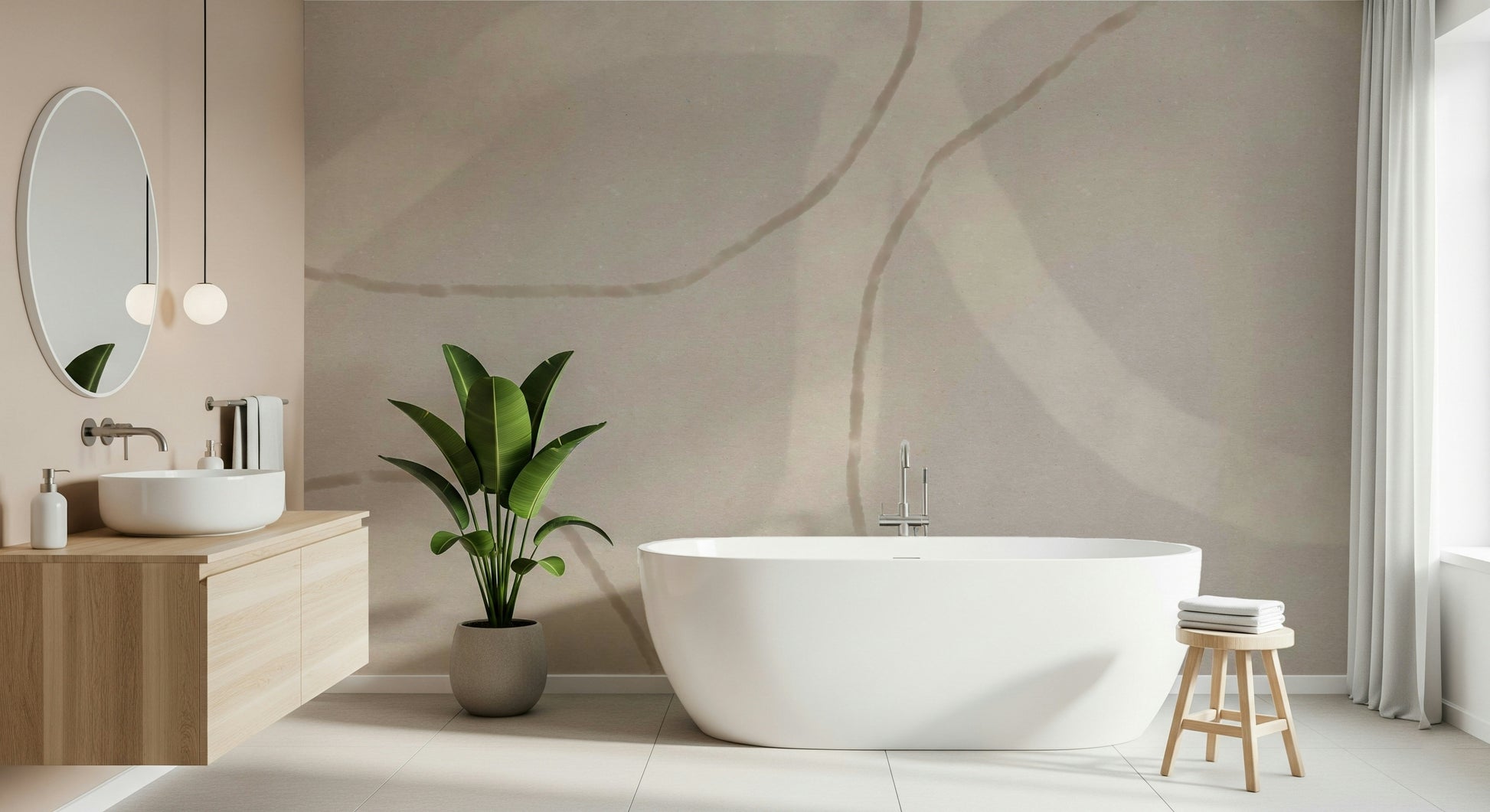 An artistic soft flowing mural on minimalist wallpaper.