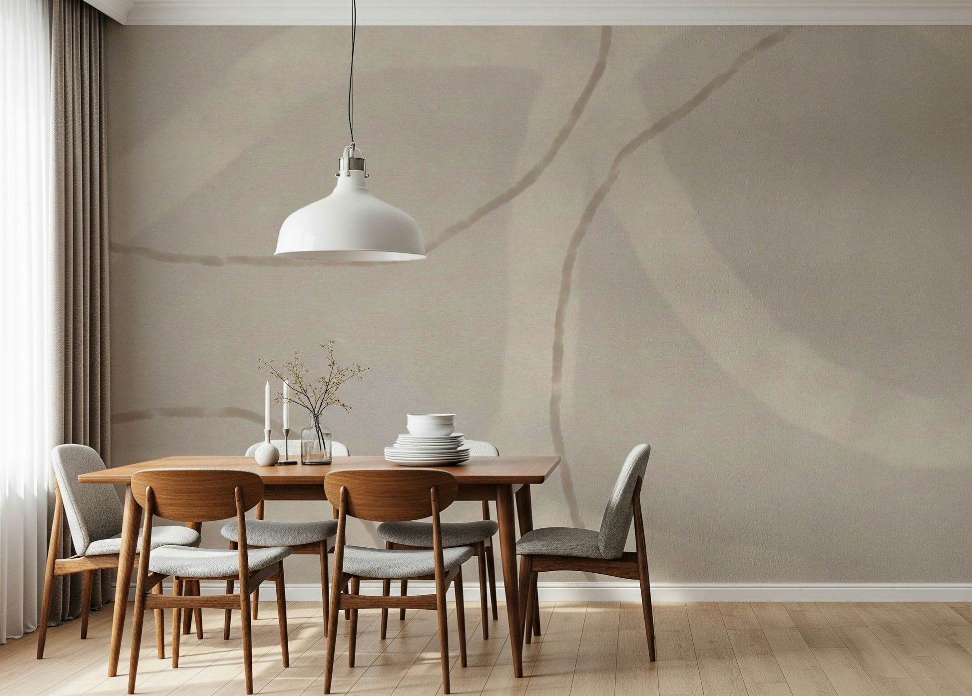 A contemplative fluid design wallpaper mural for a feature wall.