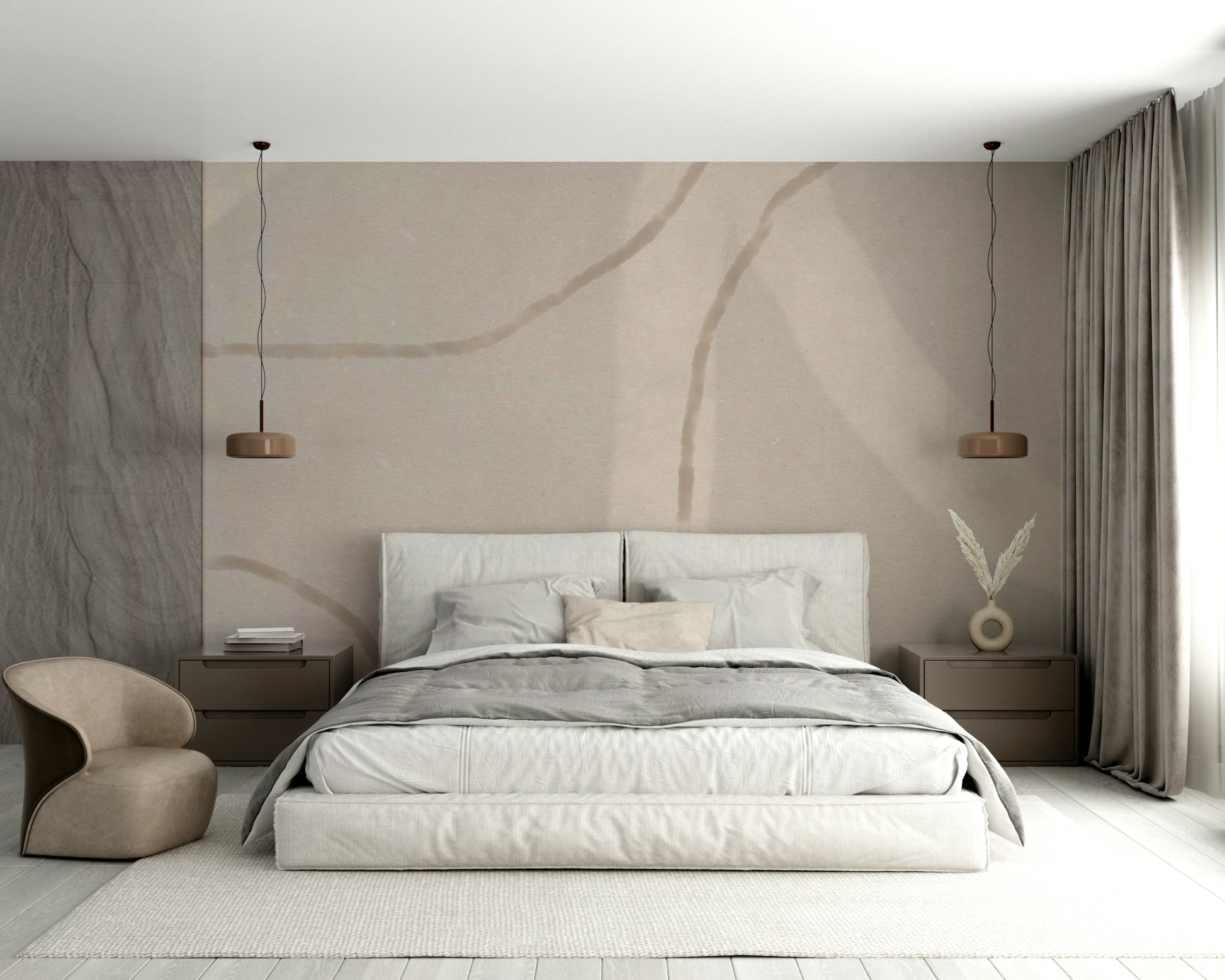 A peaceful modern abstract mural on decorative wallpaper.