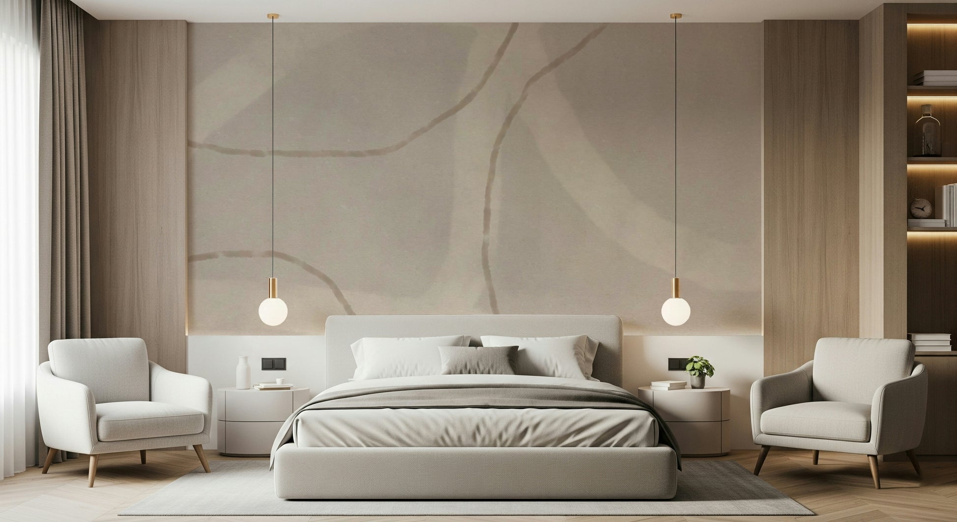A beautiful abstract flowing wallpaper mural in neutral tones.