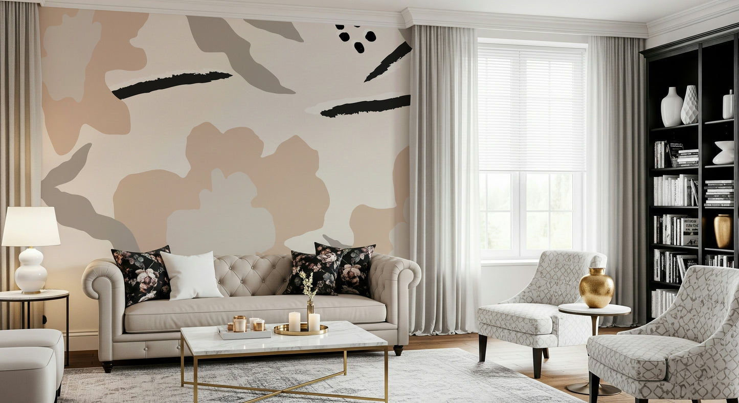 An abstract delicate petal mural on minimalist wallpaper.

