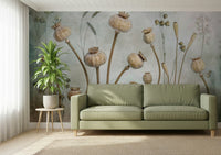 A graceful subtle pod wall mural in soft, tranquil tones.

