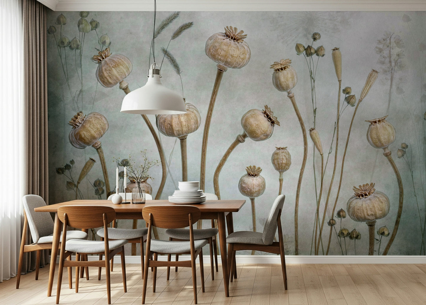 A beautiful modern art wall mural of seed pods.

