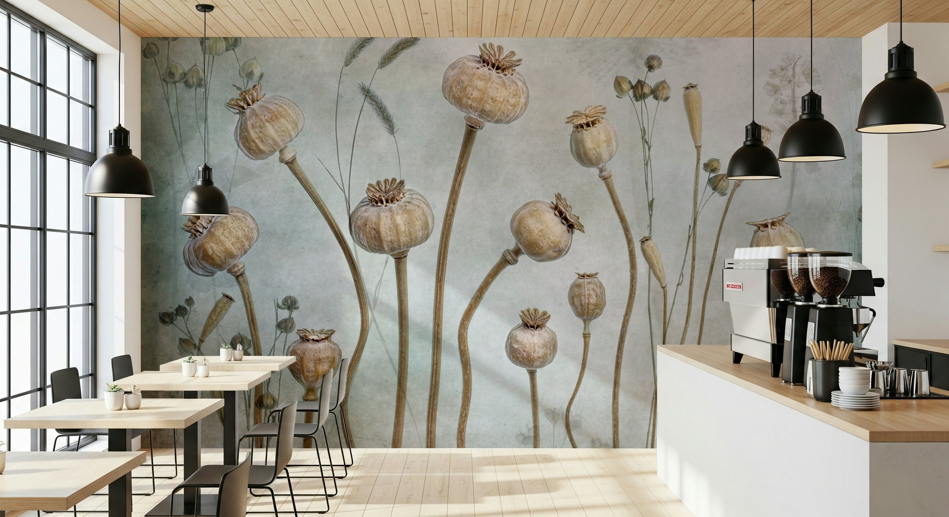 An artistic delicate seed mural on minimalist wallpaper.

