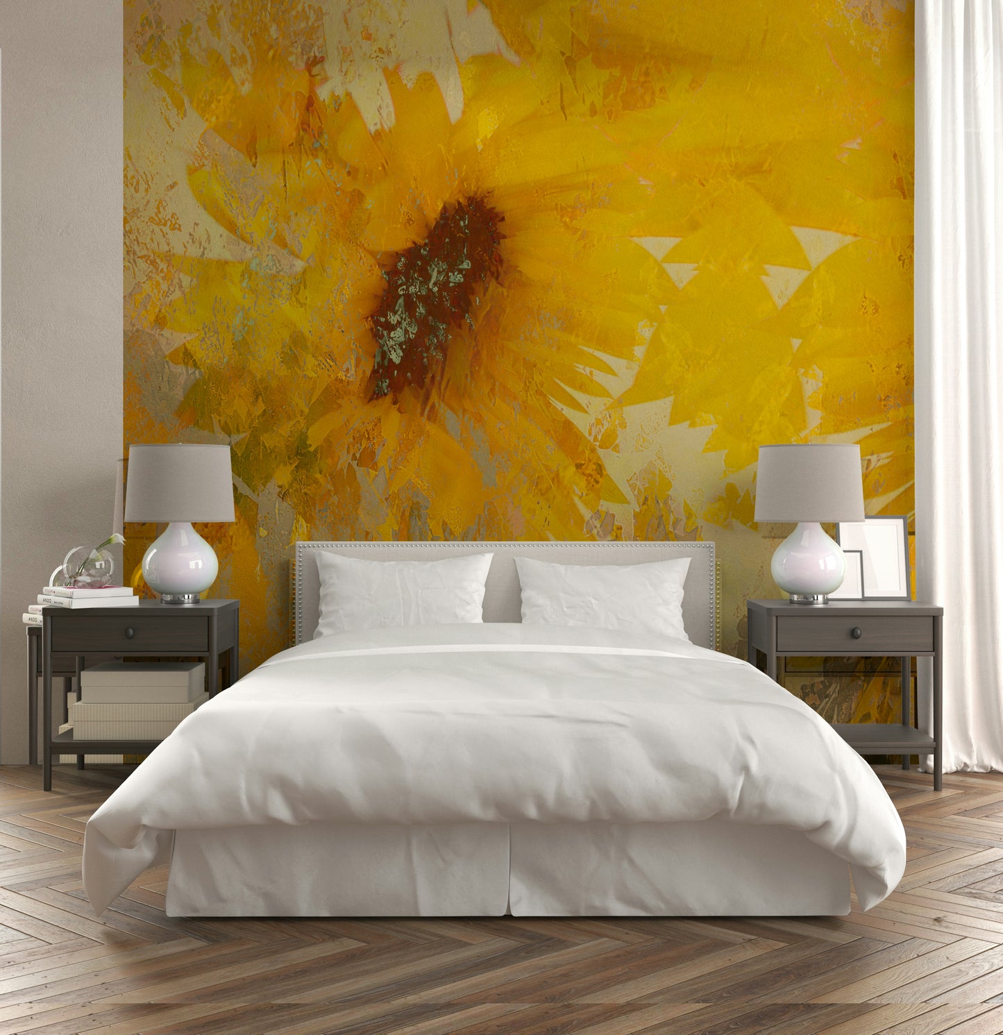 A serene abstract flower wall mural with golden accents.

