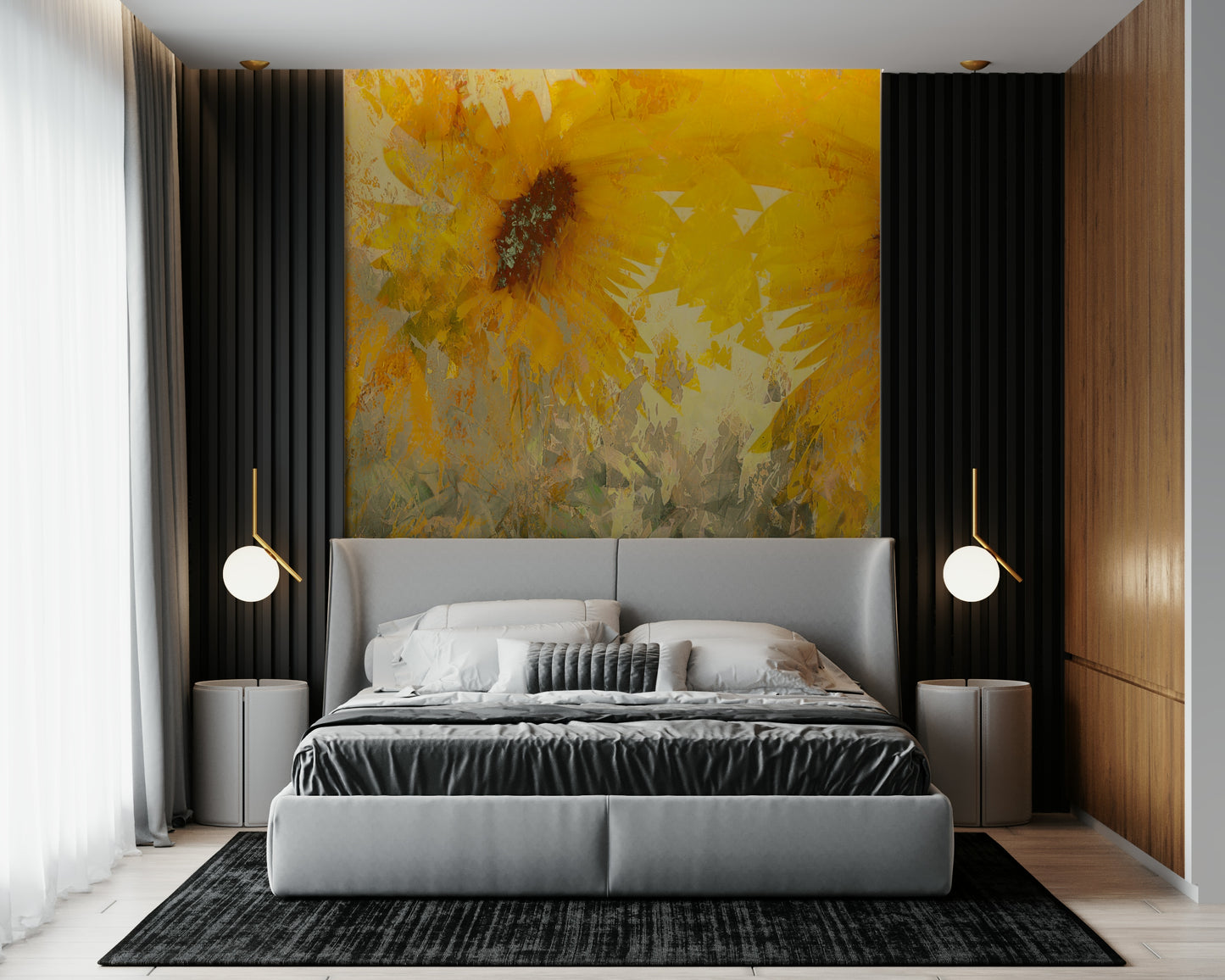 A peaceful abstract flower mural on decorative wallpaper.

