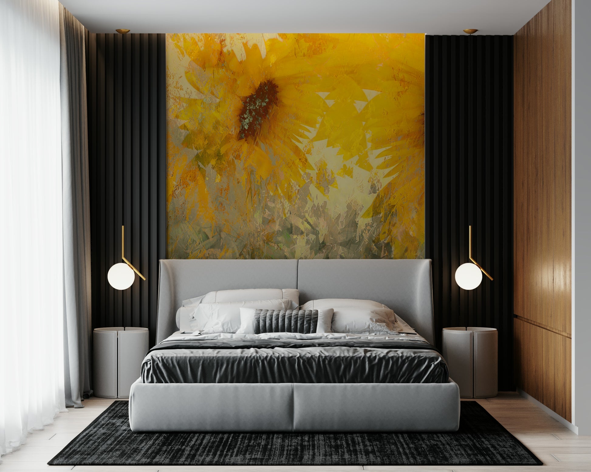 A peaceful abstract flower mural on decorative wallpaper.

