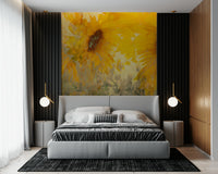 A peaceful abstract flower mural on decorative wallpaper.

