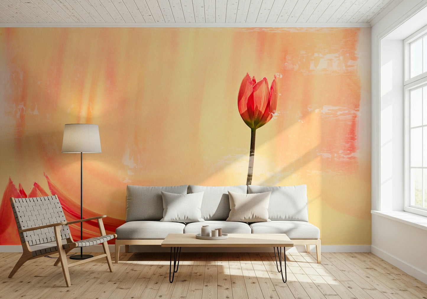 A graceful subtle tulip wall mural in soft, coral tones.

