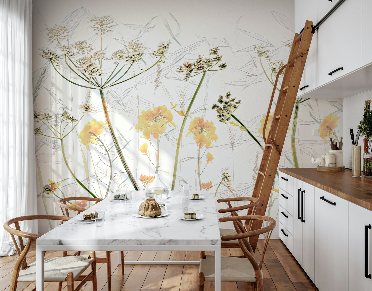 A graceful subtle flower wall mural in soft, elegant tones.

