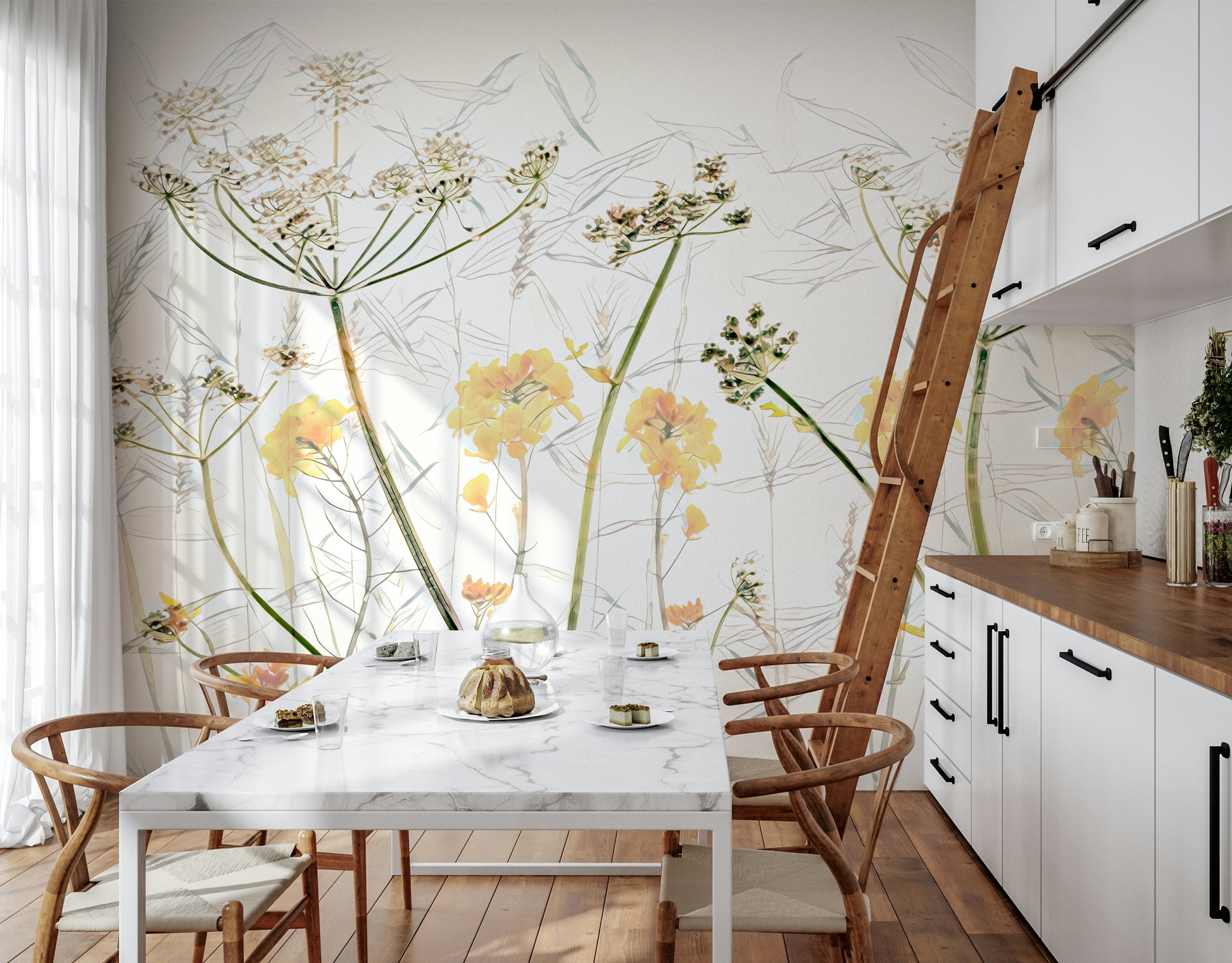 A graceful subtle flower wall mural in soft, elegant tones.

