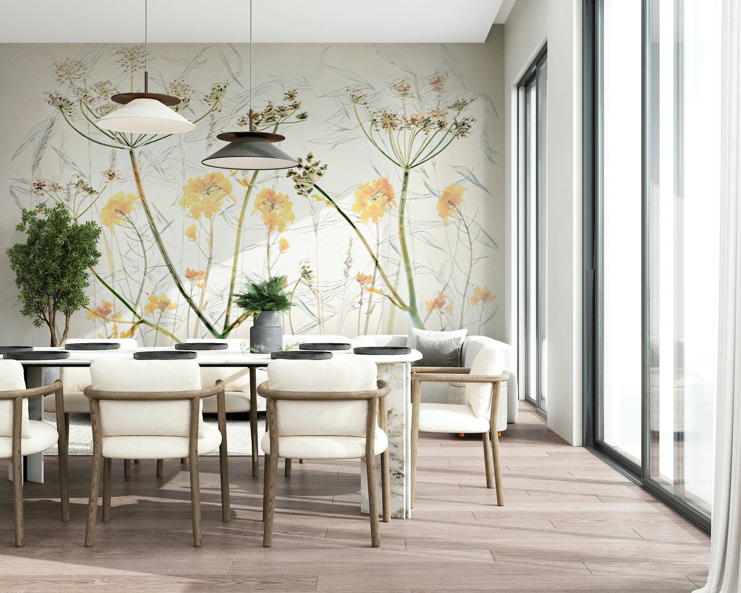 An artistic delicate bloom mural on minimalist wallpaper.

