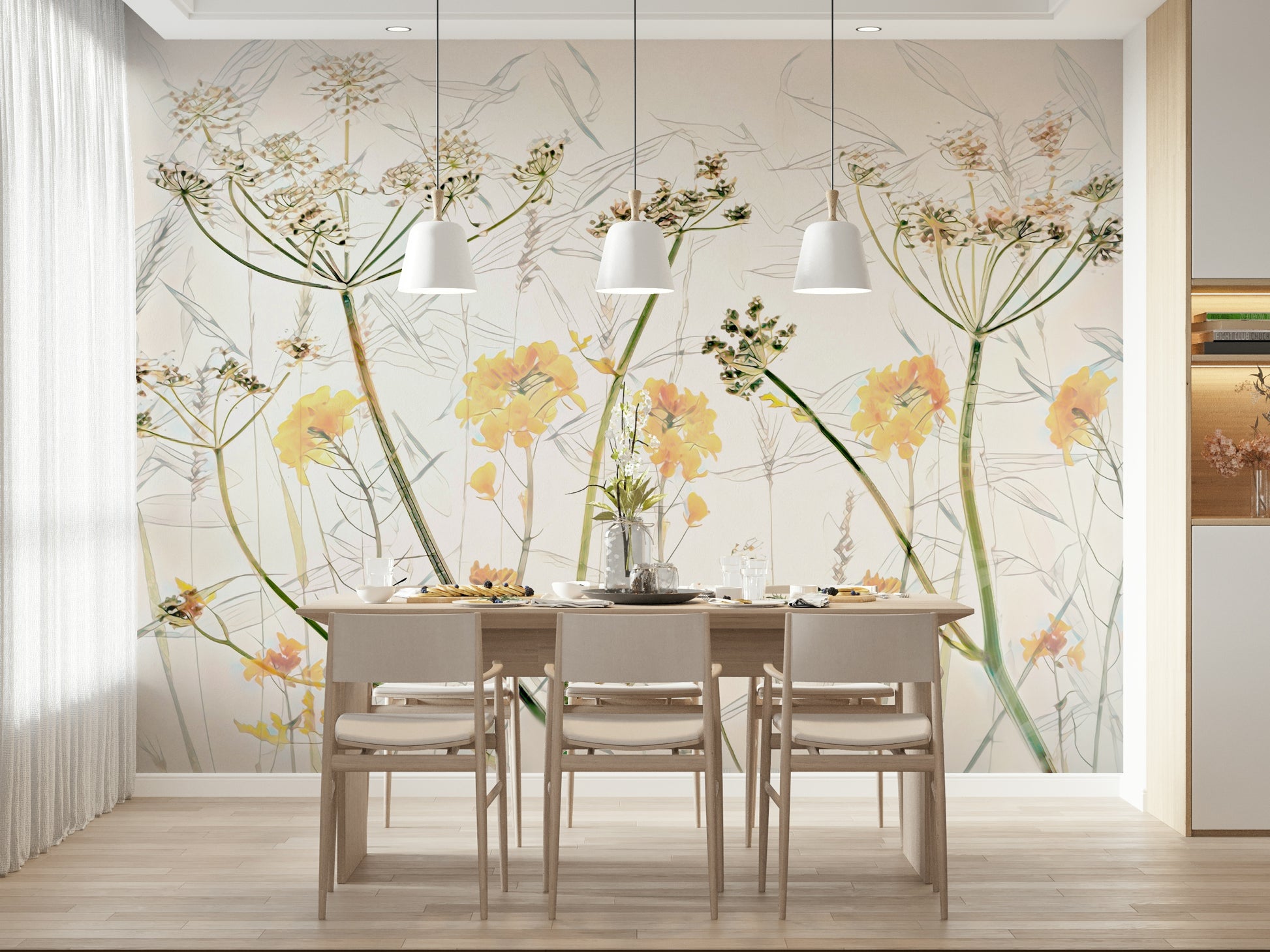 A serene subtle flower wall mural with golden accents.

