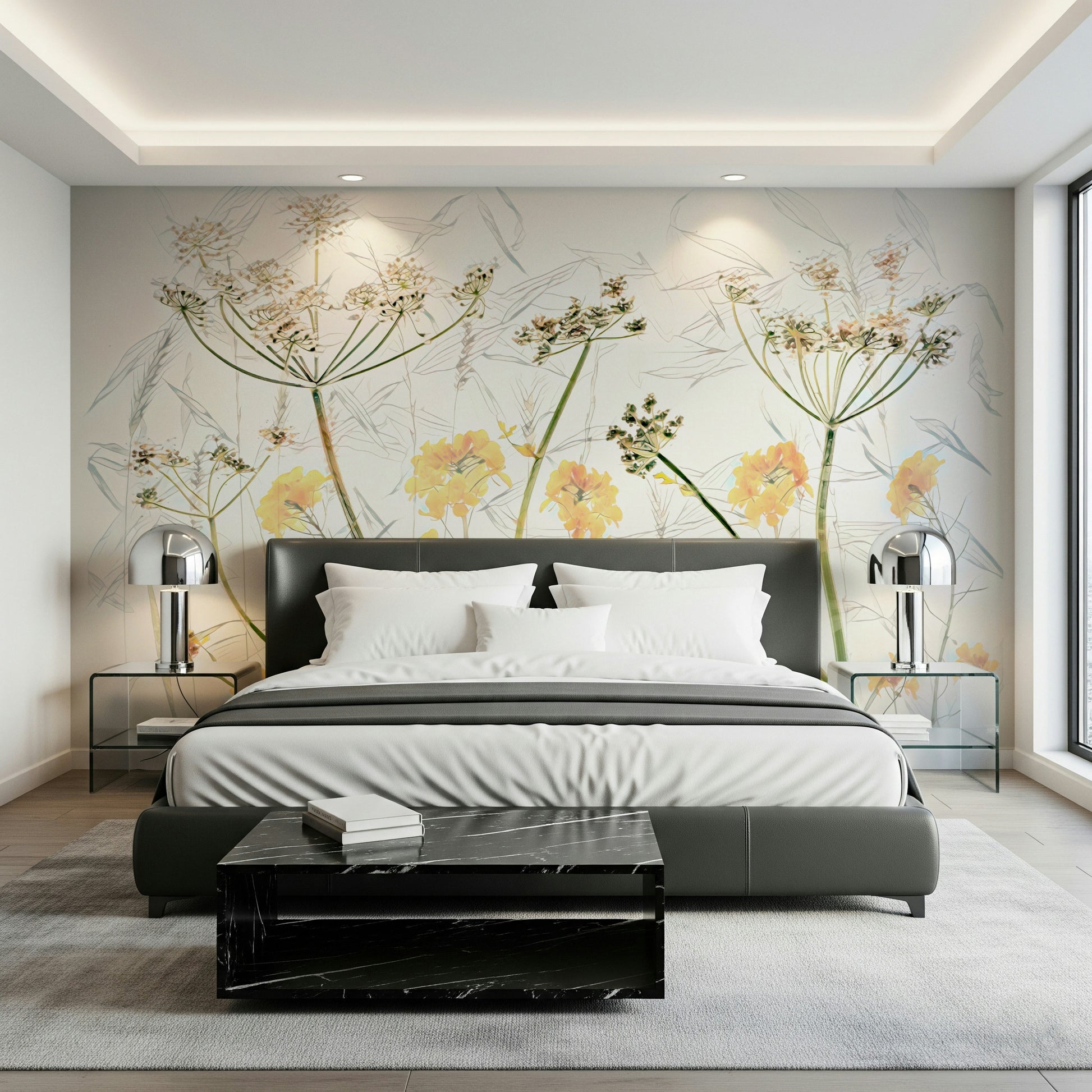 A peaceful flower design mural on decorative wallpaper.


