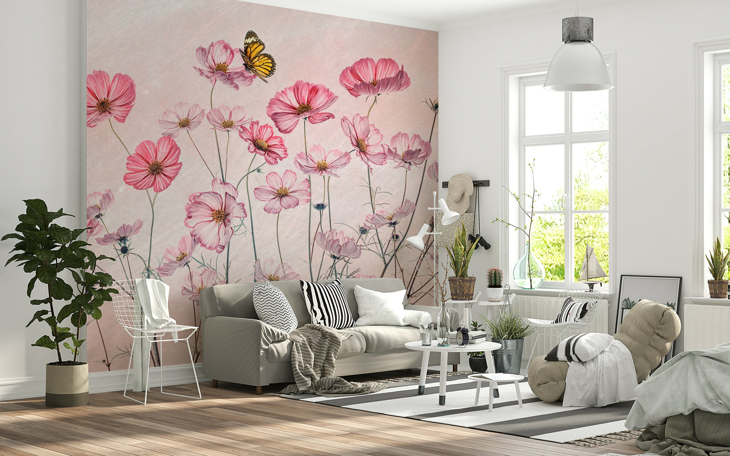 An artistic cosmic scene mural on minimalist wallpaper.

