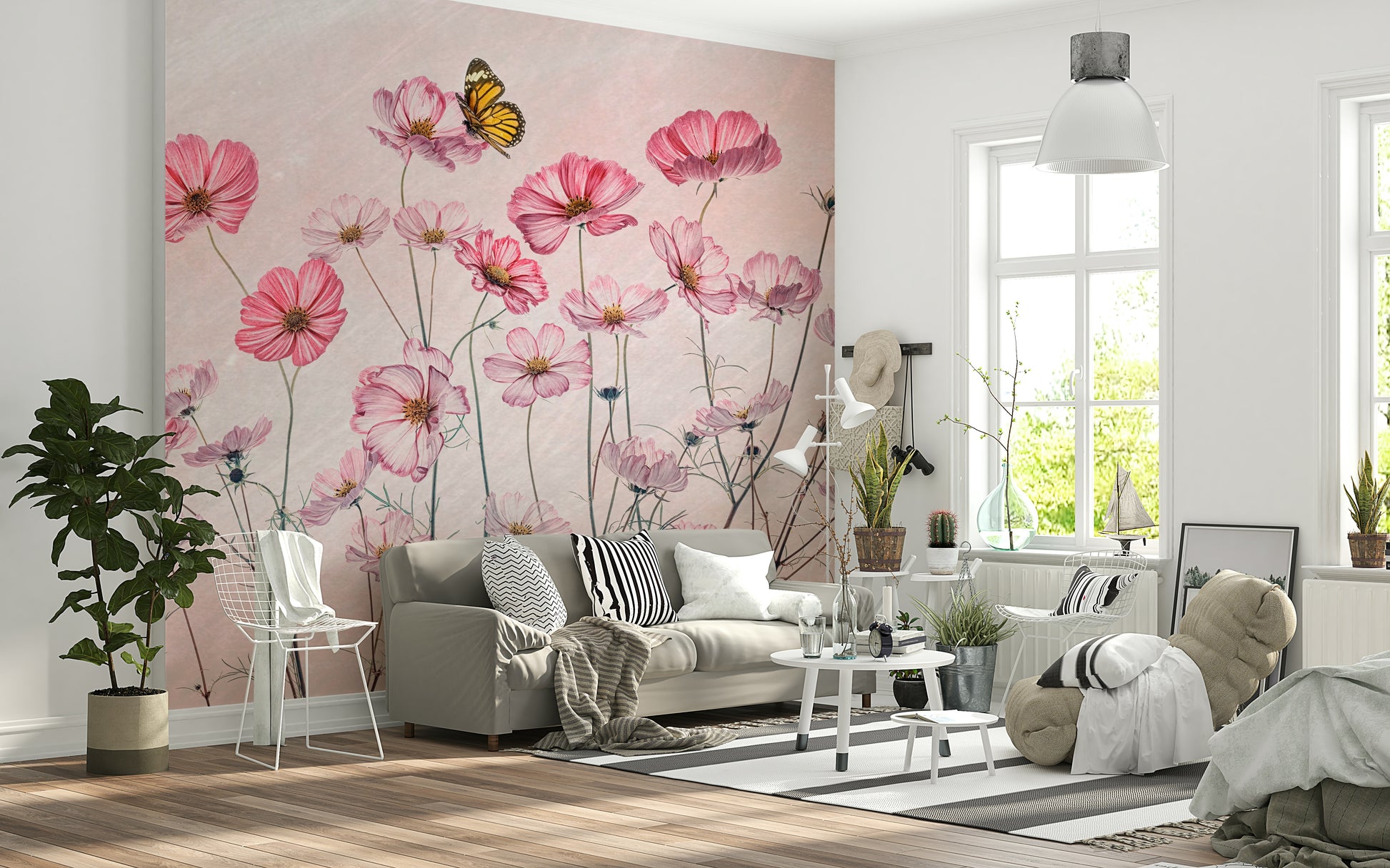 An artistic cosmic scene mural on minimalist wallpaper.

