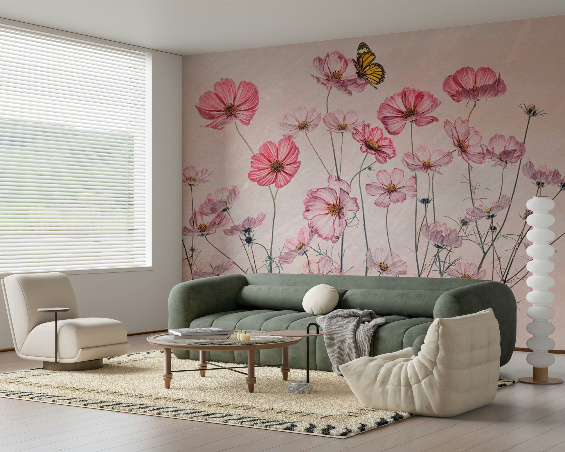 A peaceful open sky mural on decorative wallpaper.


