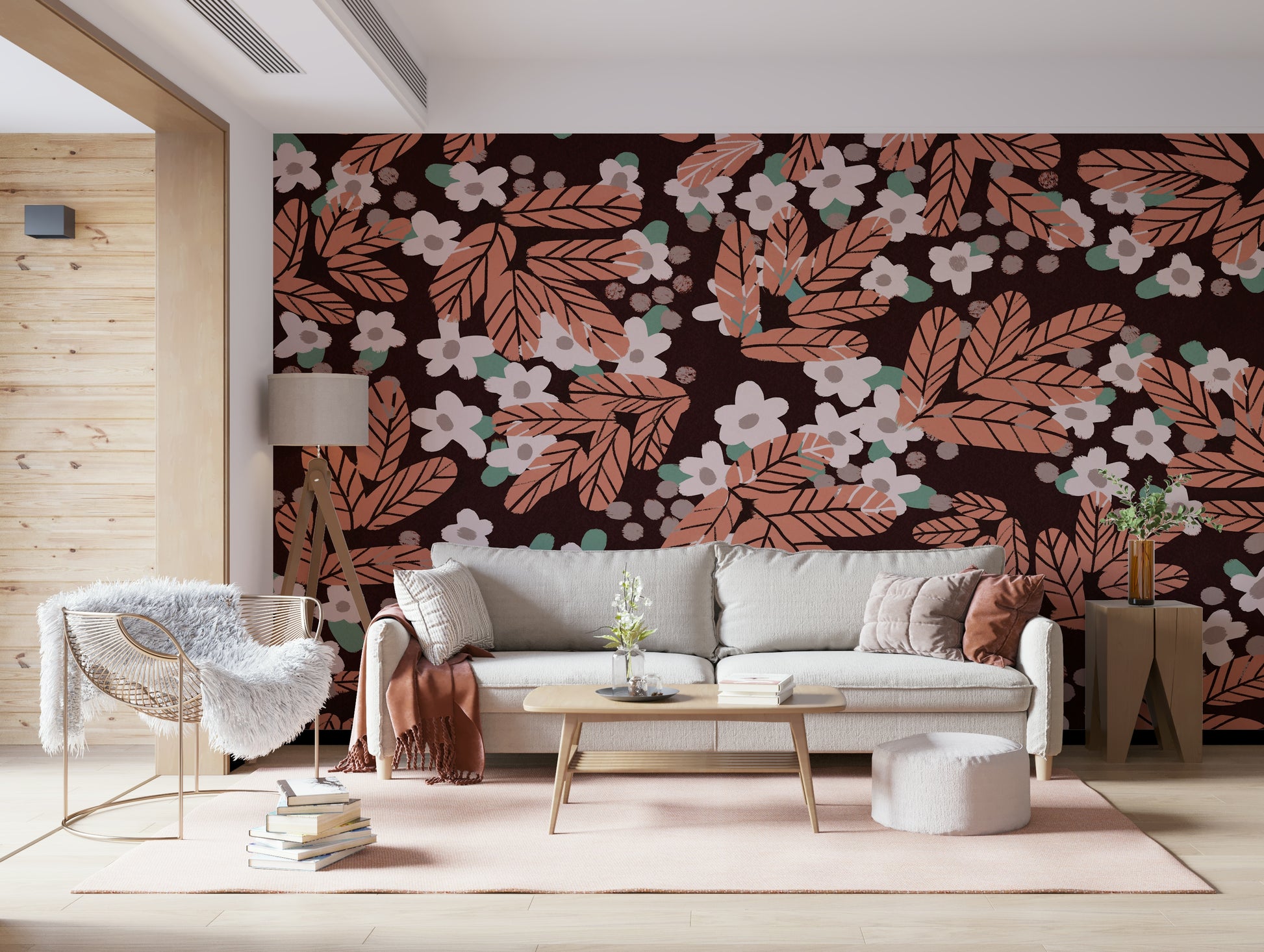 A contemplative floral pattern wallpaper mural for a feature wall.

