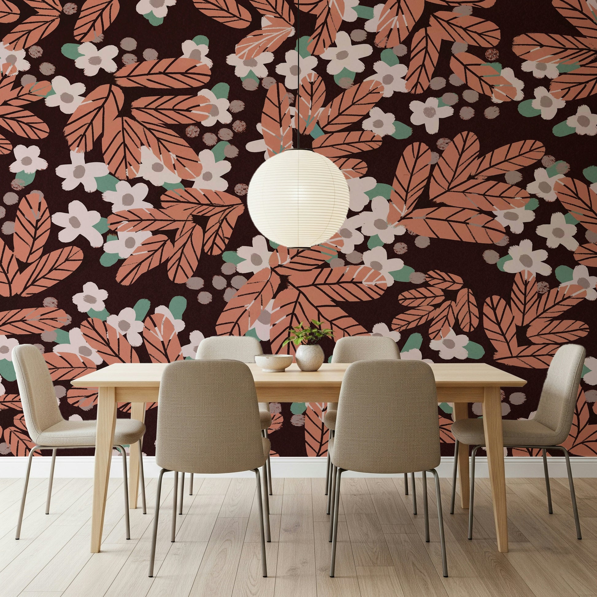 An artistic delicate daisy mural on minimalist wallpaper.

