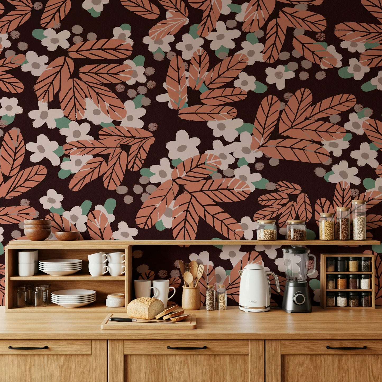 A calming floral design wallpaper mural that defines a space.

