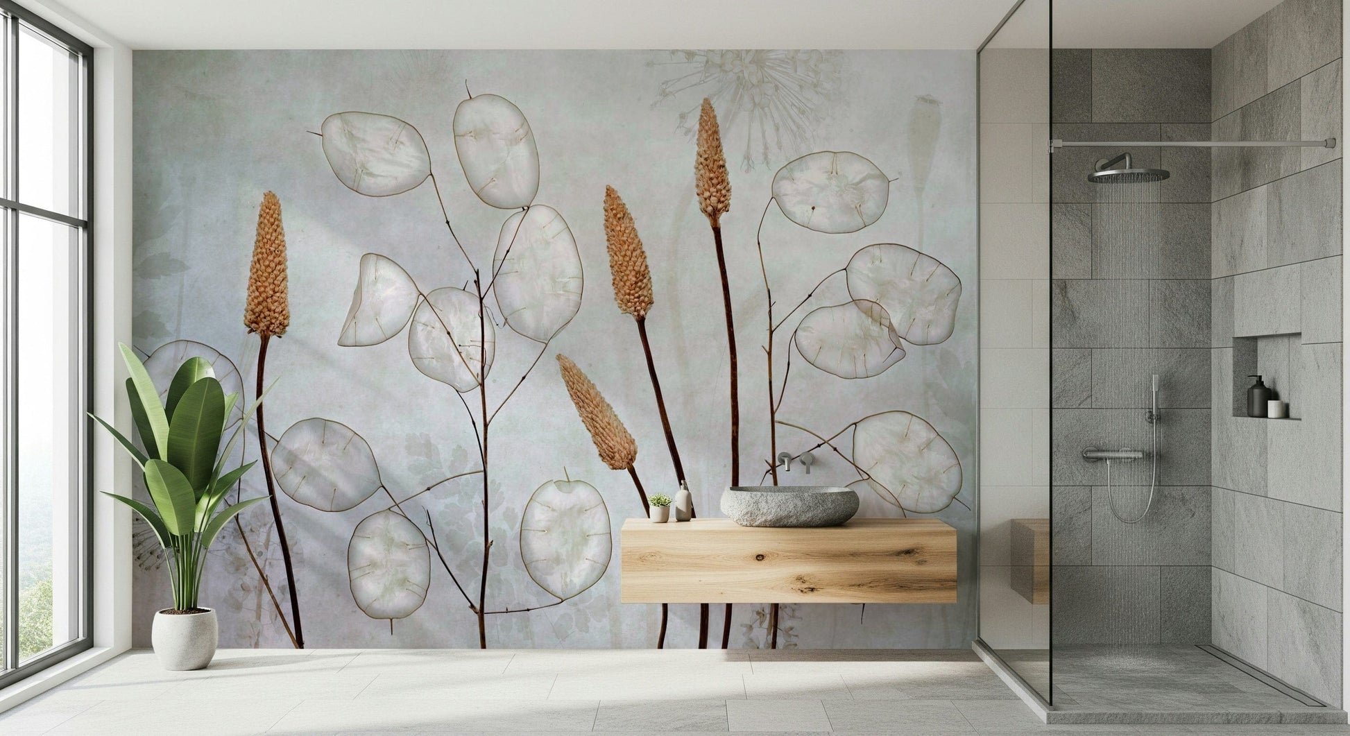A peaceful overlapping leaf mural on decorative wallpaper.

