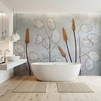 A graceful subtle leaf wall mural in cool, natural tones.

