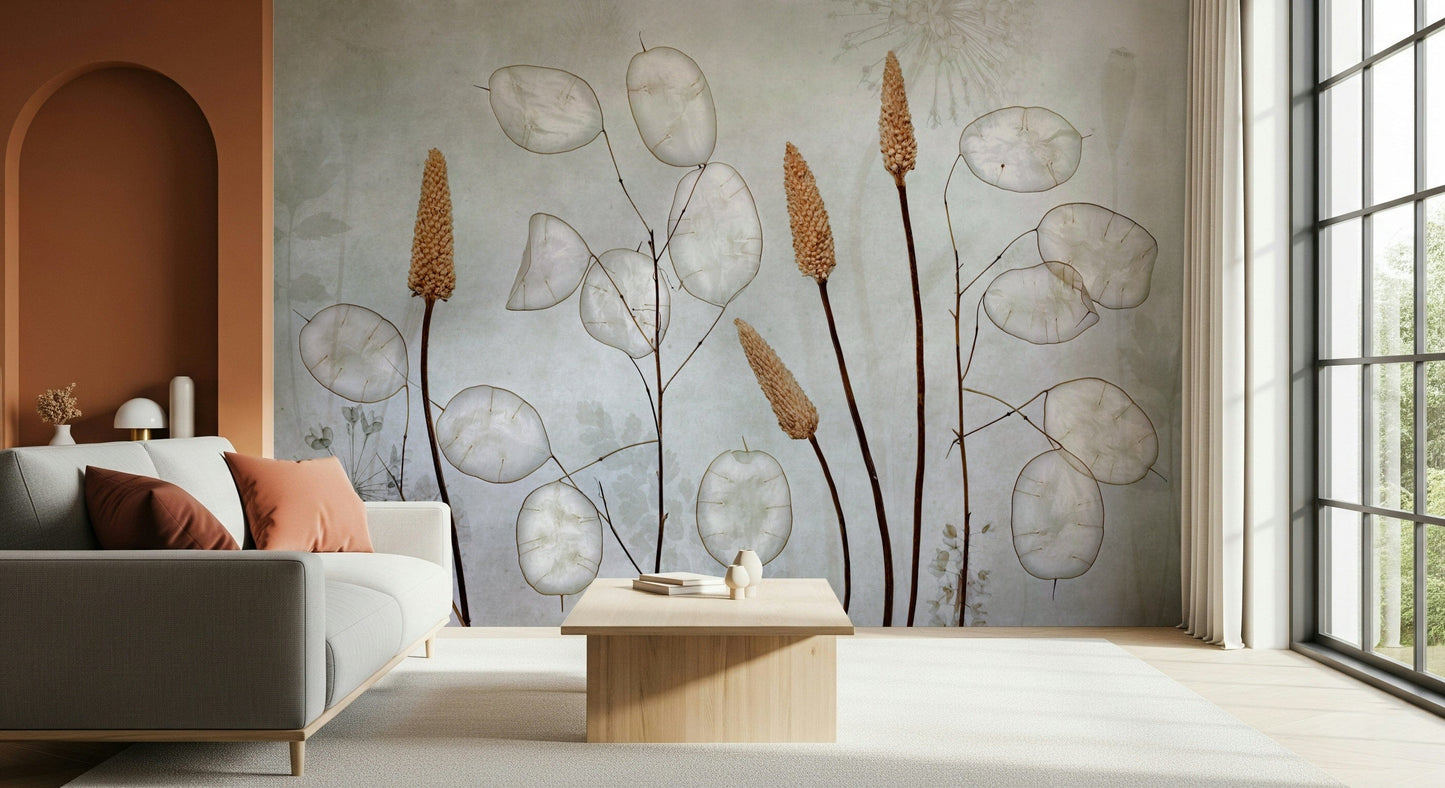 An artistic soft focus foliage mural on minimalist wallpaper.


