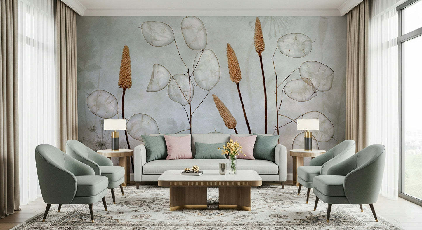 A calming foliage design wallpaper mural that defines a space.

