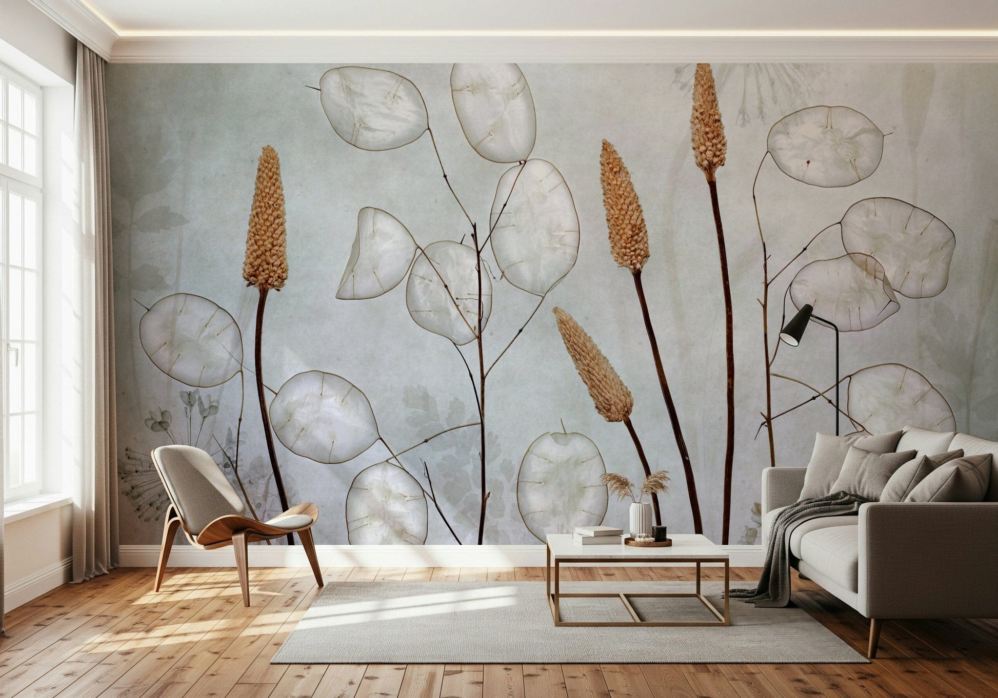 A beautiful modern art wall mural of delicate leaves.

