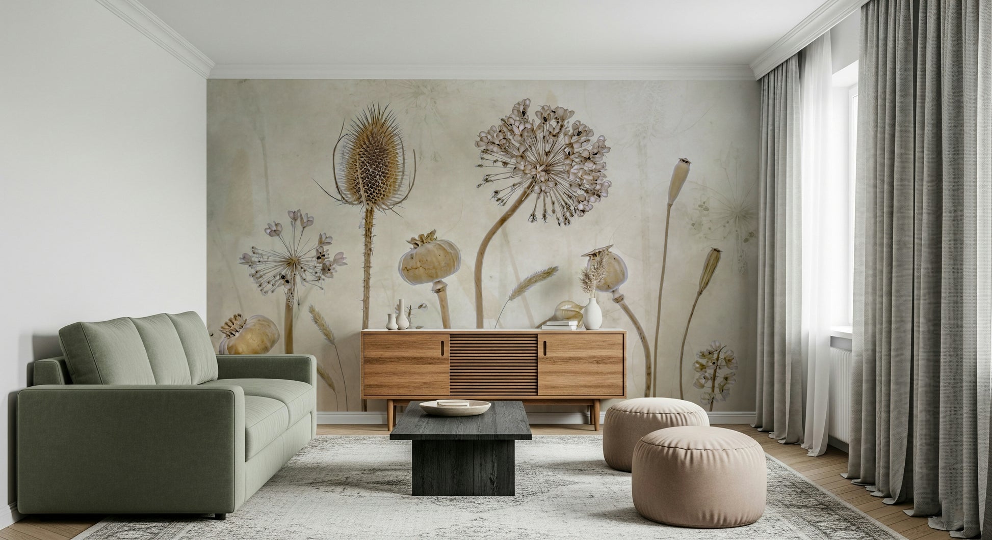 A calming floral design wallpaper mural that defines a space.

