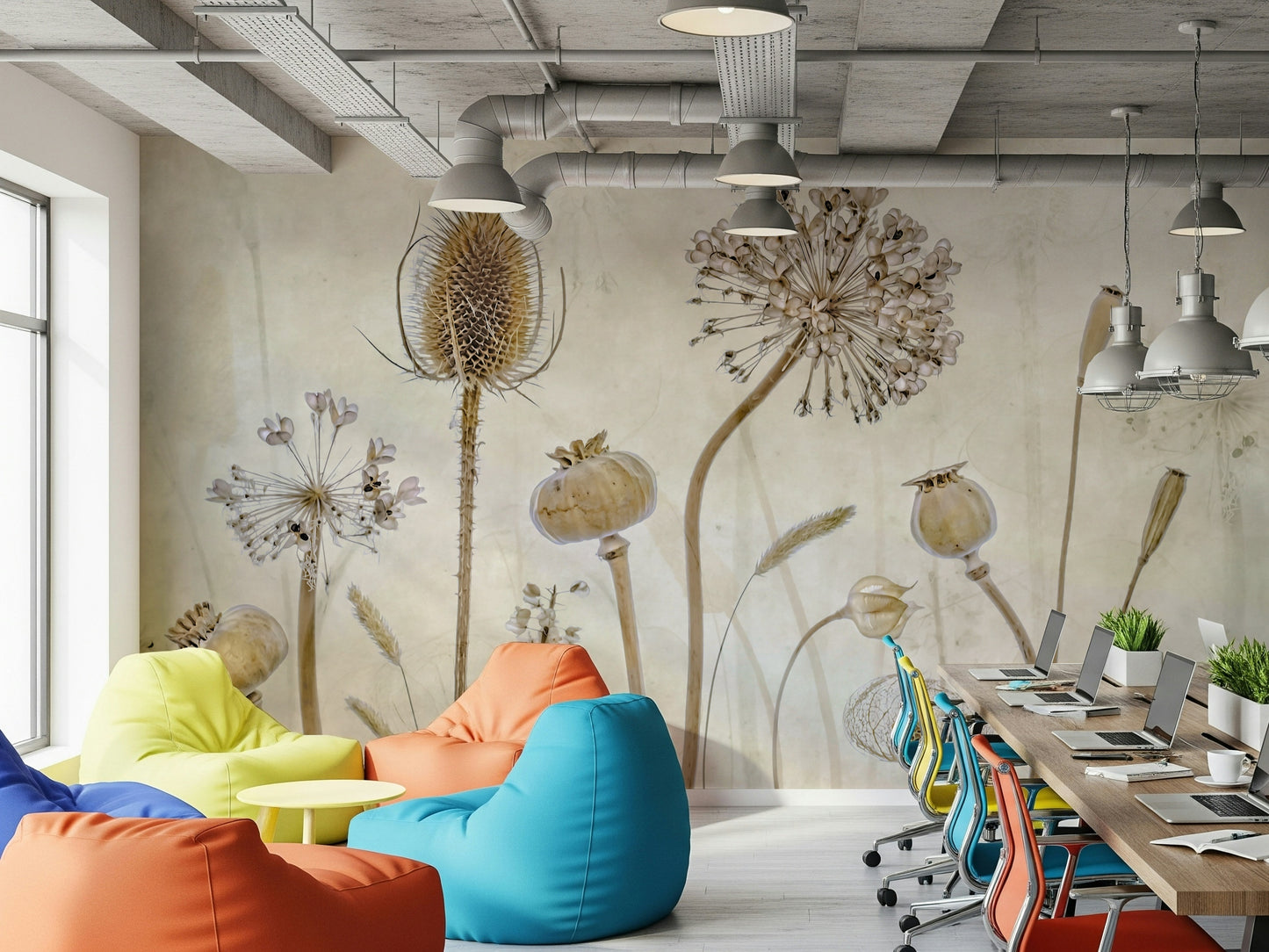 An artistic delicate bloom mural on minimalist wallpaper.

