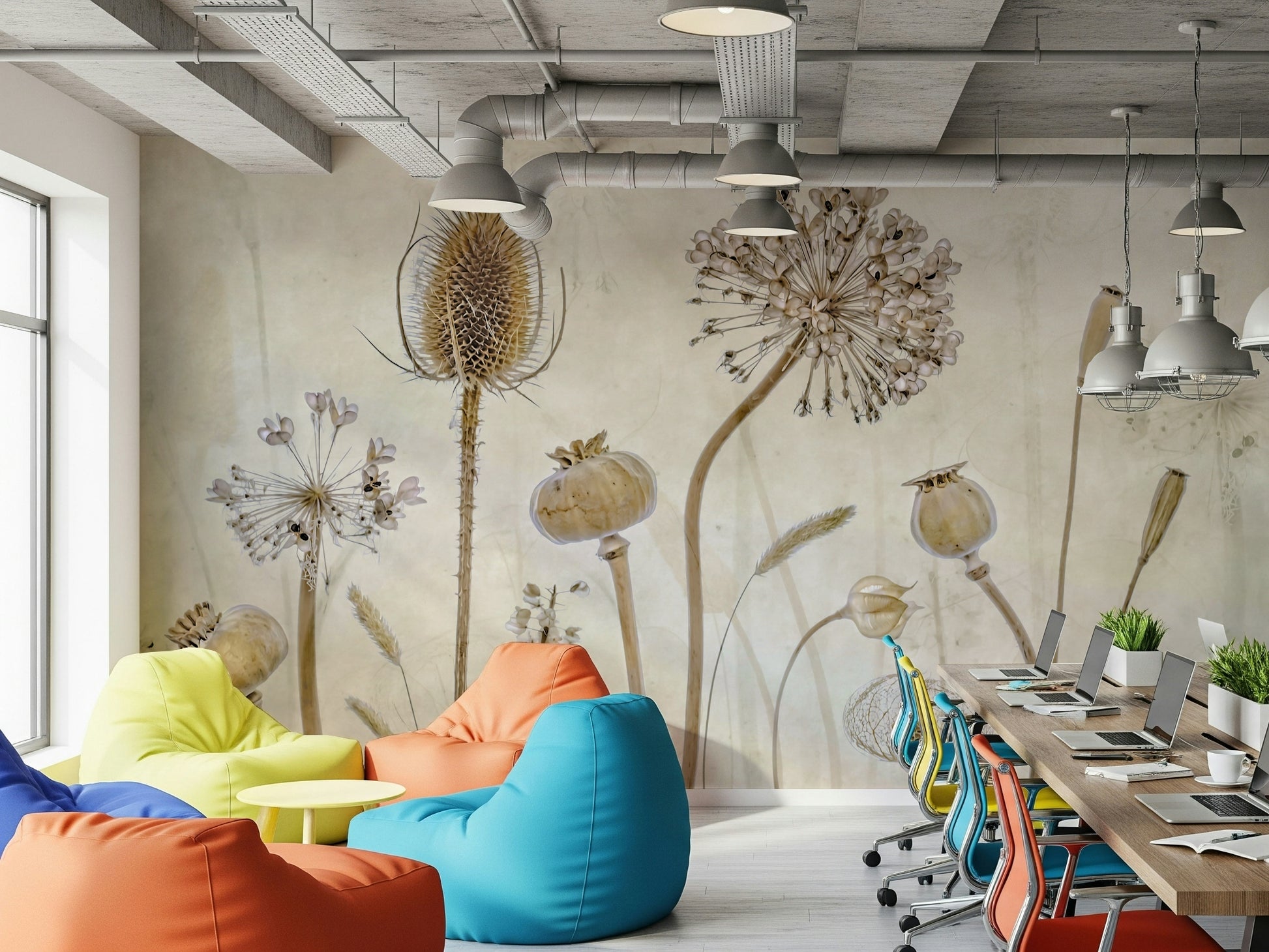 An artistic delicate bloom mural on minimalist wallpaper.

