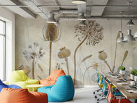 An artistic delicate bloom mural on minimalist wallpaper.

