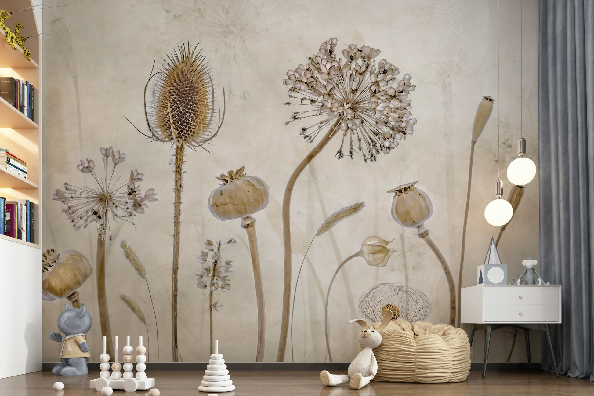 A graceful subtle bloom wall mural in soft, elegant tones.

