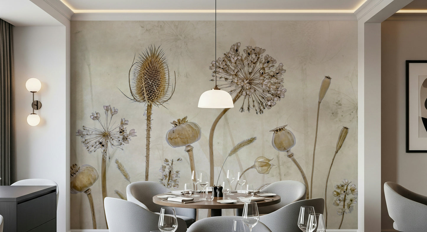 A peaceful flower design mural on decorative wallpaper.

