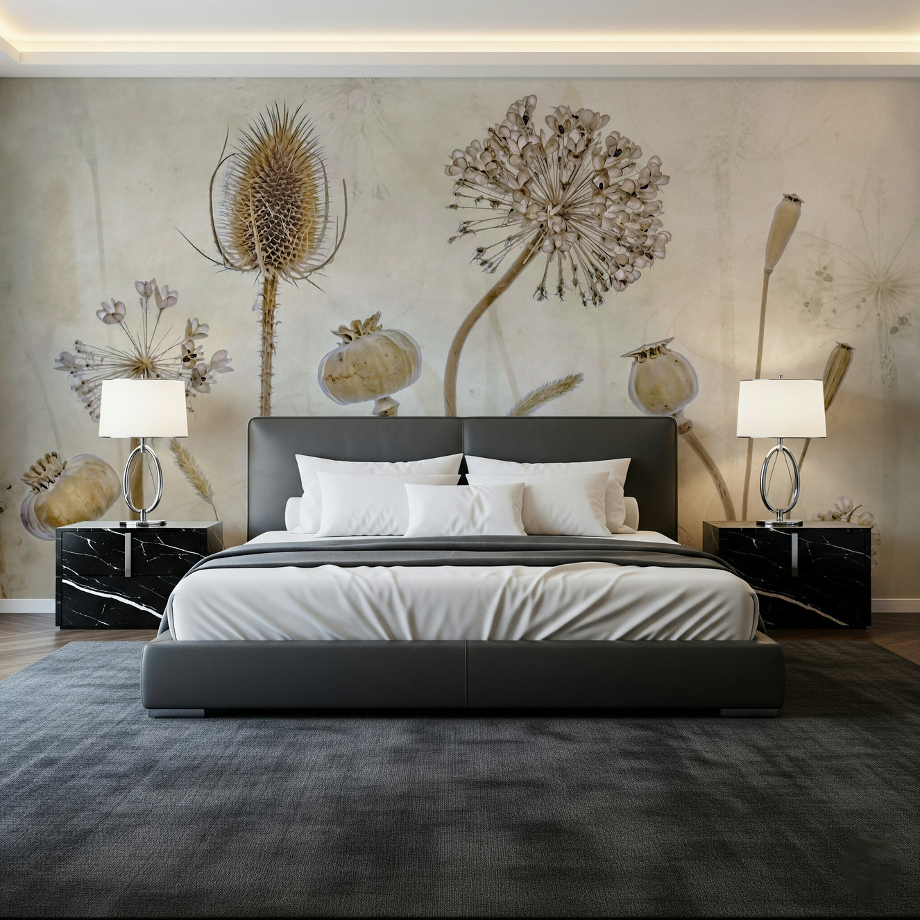 A beautiful ethereal floral wallpaper mural for a modern home.

