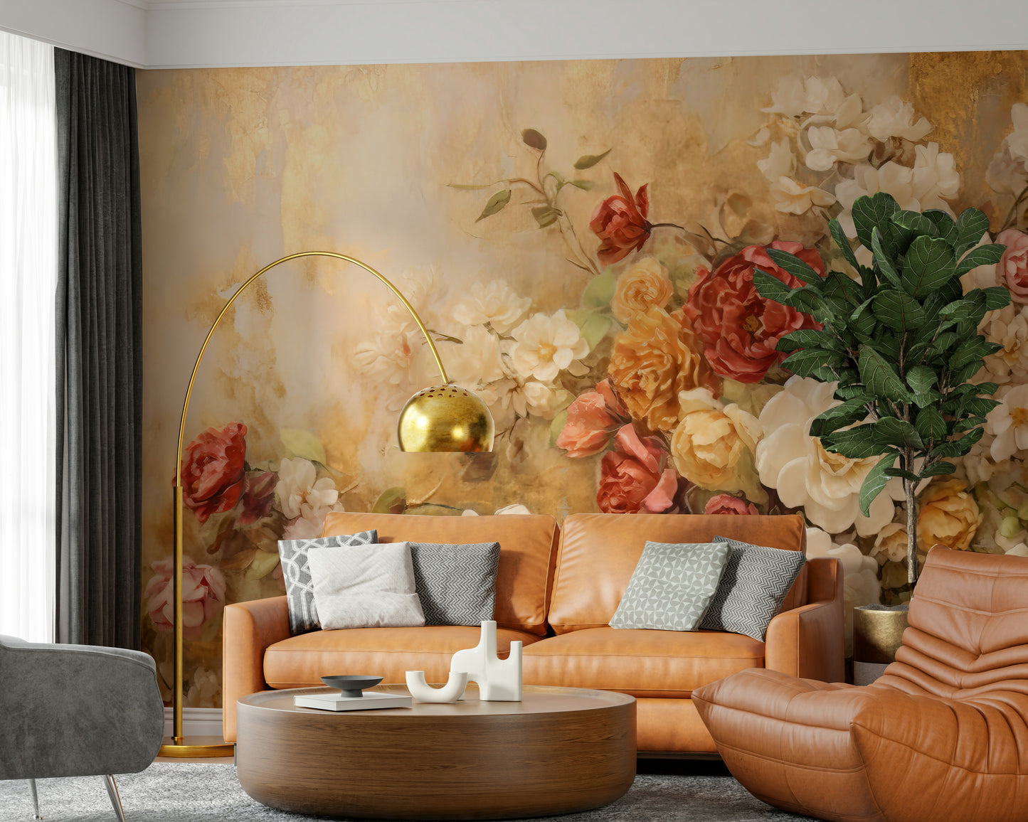 A peaceful flower design mural on decorative wallpaper.

