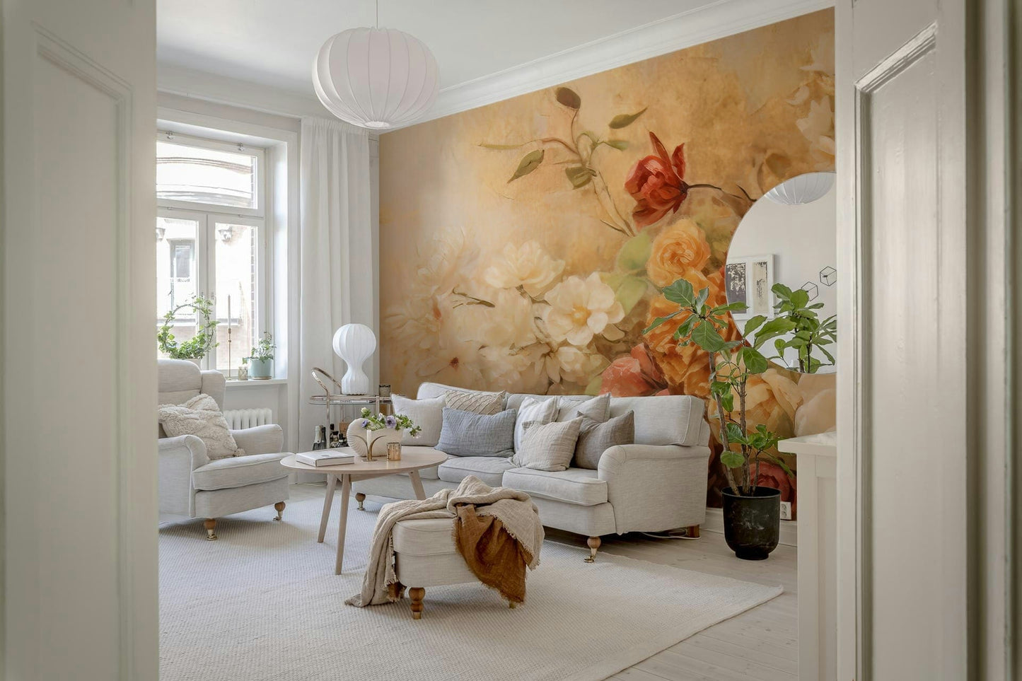 A contemplative floral pattern wallpaper mural for a feature wall.

